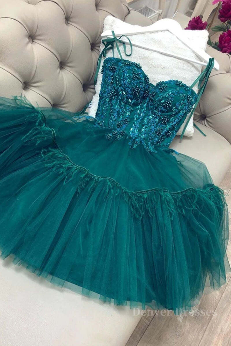Ball Dress, Green Beaded Lace Short Prom Dress with Straps, Short Green Lace Formal Graduation Homecoming Dress with Beading
