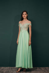 Prom Dresses For Skinny Body, Off The Shoulder Charming Long Chiffon Prom Dresses With Appliques
