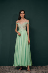 Prom Dress Floral, Off The Shoulder Charming Long Chiffon Prom Dresses With Appliques