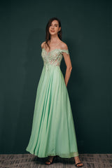 Prom Dresses Off Shoulder, Off The Shoulder Charming Long Chiffon Prom Dresses With Appliques