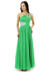 Bridesmaid Dress Long Sleeves, Green One Shoulder Chiffon With Crystal Pleats Bridesmaid Dresses