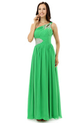 Bridesmaid Dresses Mismatched Spring Colors, Green One Shoulder Chiffon With Crystal Pleats Bridesmaid Dresses