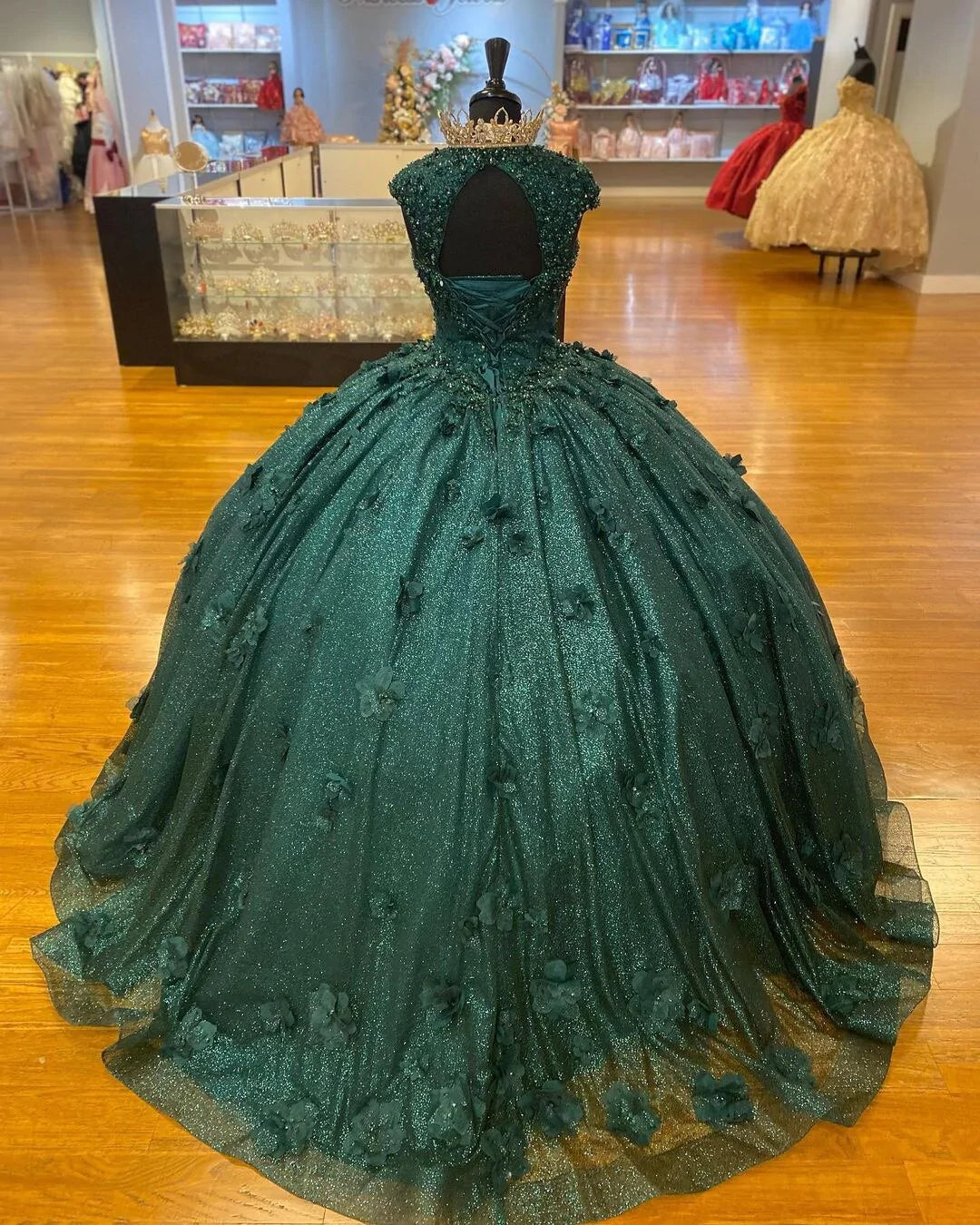 Formal Dresses Wedding Guest, Green Princess Ball Gown Quinceanera Dresses Sweet 15 Party 3D Flowers Lace Applique Crystal Beads Sequin Birthday Gown