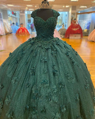 Formal Dress To Attend Wedding, Green Princess Ball Gown Quinceanera Dresses Sweet 15 Party 3D Flowers Lace Applique Crystal Beads Sequin Birthday Gown