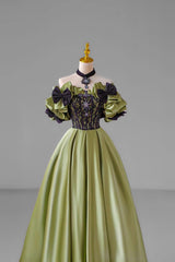 Party Outfit, Green Satin Floor Length Prom Dress with Lace, Green Evening Party Dress