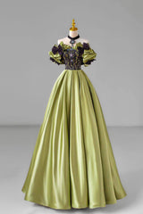 Party Dress For Over 50, Green Satin Floor Length Prom Dress with Lace, Green Evening Party Dress