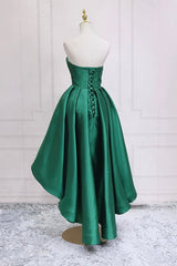 Party Dress For Teens, Green Satin High Low Prom Dress, Cute Sweetheart Neck Evening Party Dress