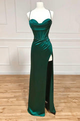 Short Formal Dress, Green Satin Long Prom Dress, Simple Lace-Up Evening Party Dress