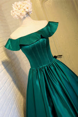Prom Dresses Elegant, Green Satin Short Homecoming Dress, Cute Off the Shoulder Knee Length Prom Dress