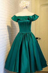 Prom Dresses Styles, Green Satin Short Homecoming Dress, Cute Off the Shoulder Knee Length Prom Dress