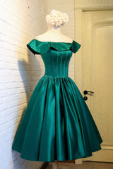 Prom Dress Elegant, Green Satin Short Homecoming Dress, Cute Off the Shoulder Knee Length Prom Dress