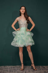 Prom Dresses Champagne, Short A-Line V Neck Tiered Shiny Beads Crystal Homecoming Dresses