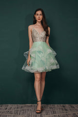 Prom Dresses Ball Gown Elegant, Short A-Line V Neck Tiered Shiny Beads Crystal Homecoming Dresses