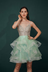 Prom Dresses 2044 Long, Short A-Line V Neck Tiered Shiny Beads Crystal Homecoming Dresses