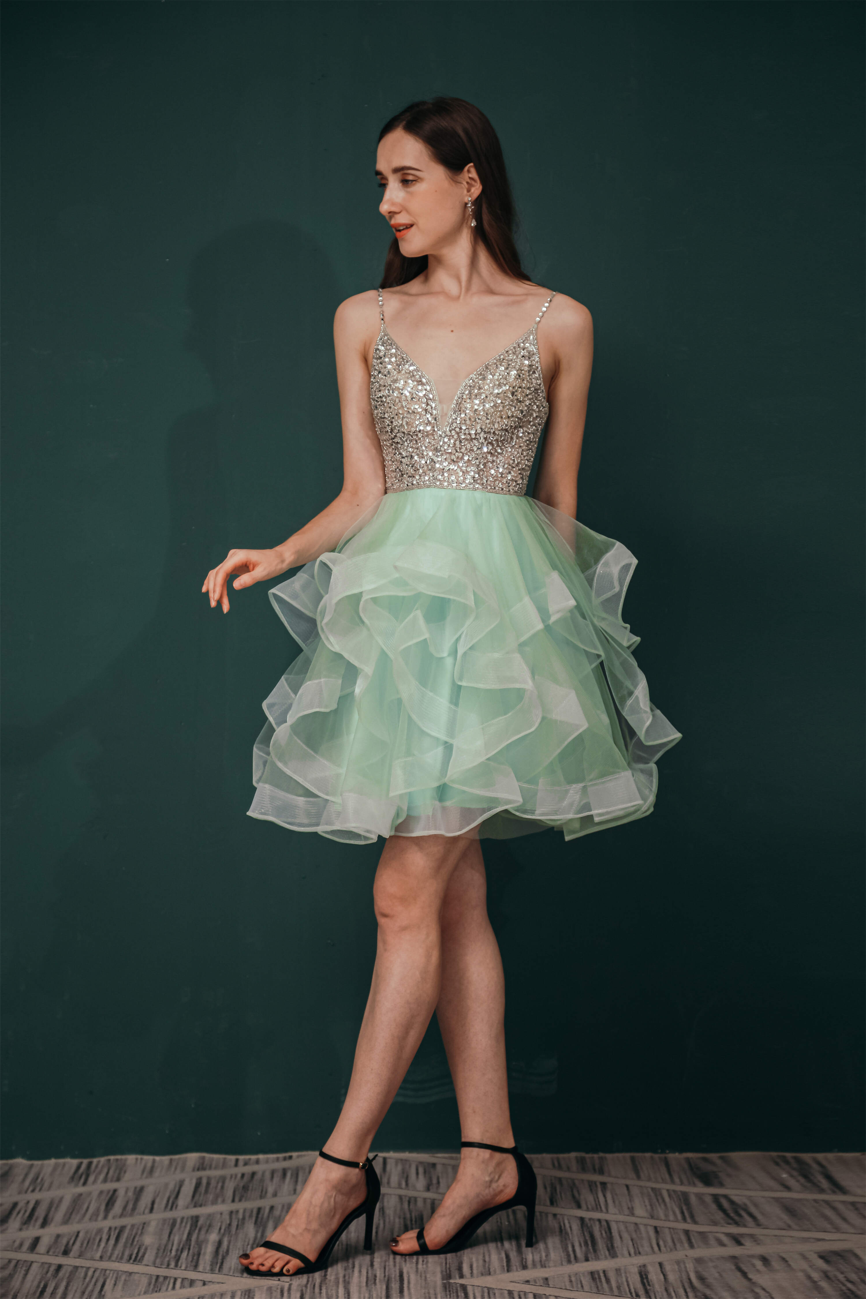 Prom Dresses Ball Gown Style, Short A-Line V Neck Tiered Shiny Beads Crystal Homecoming Dresses