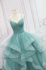 Semi Formal Outfit, Green Spaghetti Strap Long Prom Dress, Green V-Neck Tulle Evening Dress