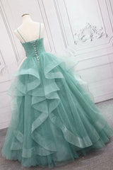 Formal, Green Spaghetti Strap Long Prom Dress, Green V-Neck Tulle Evening Dress