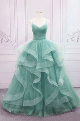 Prom Look, Green Spaghetti Strap Long Prom Dress, Green V-Neck Tulle Evening Dress