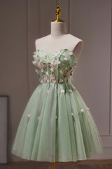 Party Dresses For Short Ladies, Green Strapless Tulle Short Prom Dress with Lace, Green Party Dress