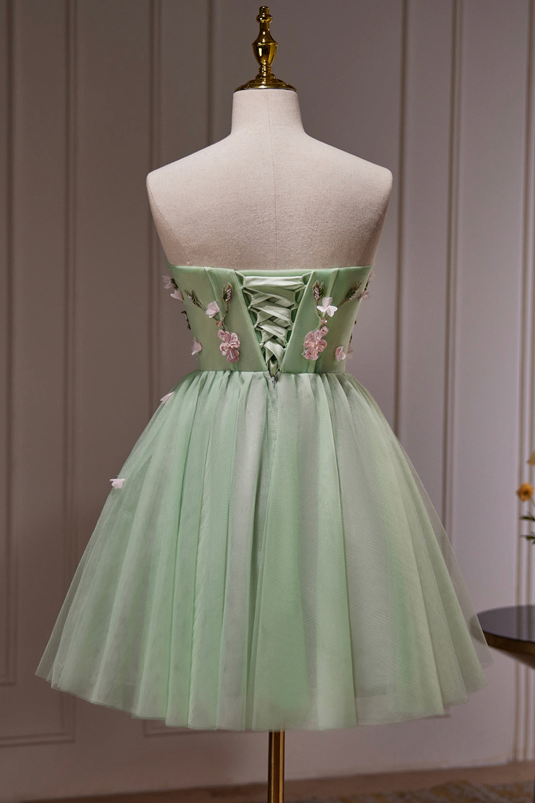 Party Dress Mini, Green Strapless Tulle Short Prom Dress with Lace, Green Party Dress