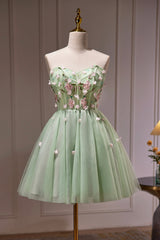 Party Dress Large Size, Green Strapless Tulle Short Prom Dress with Lace, Green Party Dress