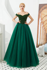 Party Dresses Prom, Tulle A line Off Shoulder Sweetheart Beaded Bodice Long Prom Dresses