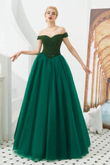 Party Dresse Idea, Tulle A line Off Shoulder Sweetheart Beaded Bodice Long Prom Dresses