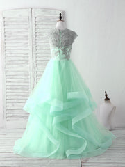 Party Dress Wedding Guest Dress, Green Tulle Lace Applique Long Prom Dress Blue Tulle Sweet 16 Dress
