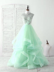 Party Dresses For Girls, Green Tulle Lace Applique Long Prom Dress Blue Tulle Sweet 16 Dress