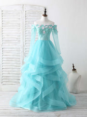 Party Fitness, Green Tulle Lace Applique Long Prom Dress Green Graduation Dresses