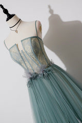 Bachelorette Party Games, Green Tulle Lace Long A-Line Prom Dress, Spaghetti Strap Evening Dress