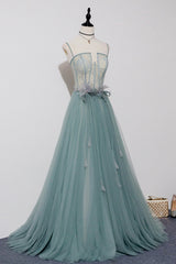 Bridal Bouquet, Green Tulle Lace Long A-Line Prom Dress, Spaghetti Strap Evening Dress
