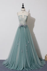 Sage Green Wedding, Green Tulle Lace Long A-Line Prom Dress, Spaghetti Strap Evening Dress