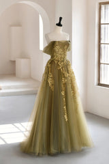 Bridesmaid Dress Neutral, Green Tulle Lace Long Prom Dress, A-Line Off the Shoulder Evening Dress