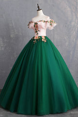 Formal Dress Outfits, Green Tulle Lace Long Prom Dress, Cute Off Shoulder Evening Dress Party Dress