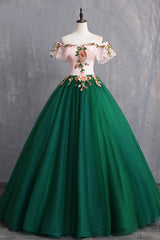 Formal Dresses For Teens, Green Tulle Lace Long Prom Dress, Cute Off Shoulder Evening Dress Party Dress