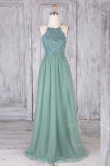 Bridesmaids Dresses Long Sleeves, Green tulle lace long prom dress green lace evening dress
