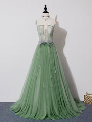 Prom Dressed Blue, Green Tulle Lace Long Prom Dress, Green Tulle Long Formal Graduation Dress