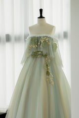 Party Dresses Online Shop, Green Tulle Lace Long Prom Dress, Off Shoulder Evening Formal Dress