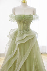 Bridesmaid Dresses Peach, Green Tulle Lace Long Prom Dress with Corset, Green Formal Party Dress
