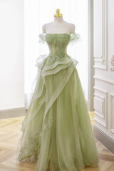 Bridesmaid Dresses Dusty Rose, Green Tulle Lace Long Prom Dress with Corset, Green Formal Party Dress
