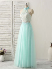 Prom Dress Boho, Green Tulle Two Pieces Long Prom Dress Lace Beads Formal Dress