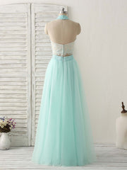 Prom Dress Outfits, Green Tulle Two Pieces Long Prom Dress Lace Beads Formal Dress