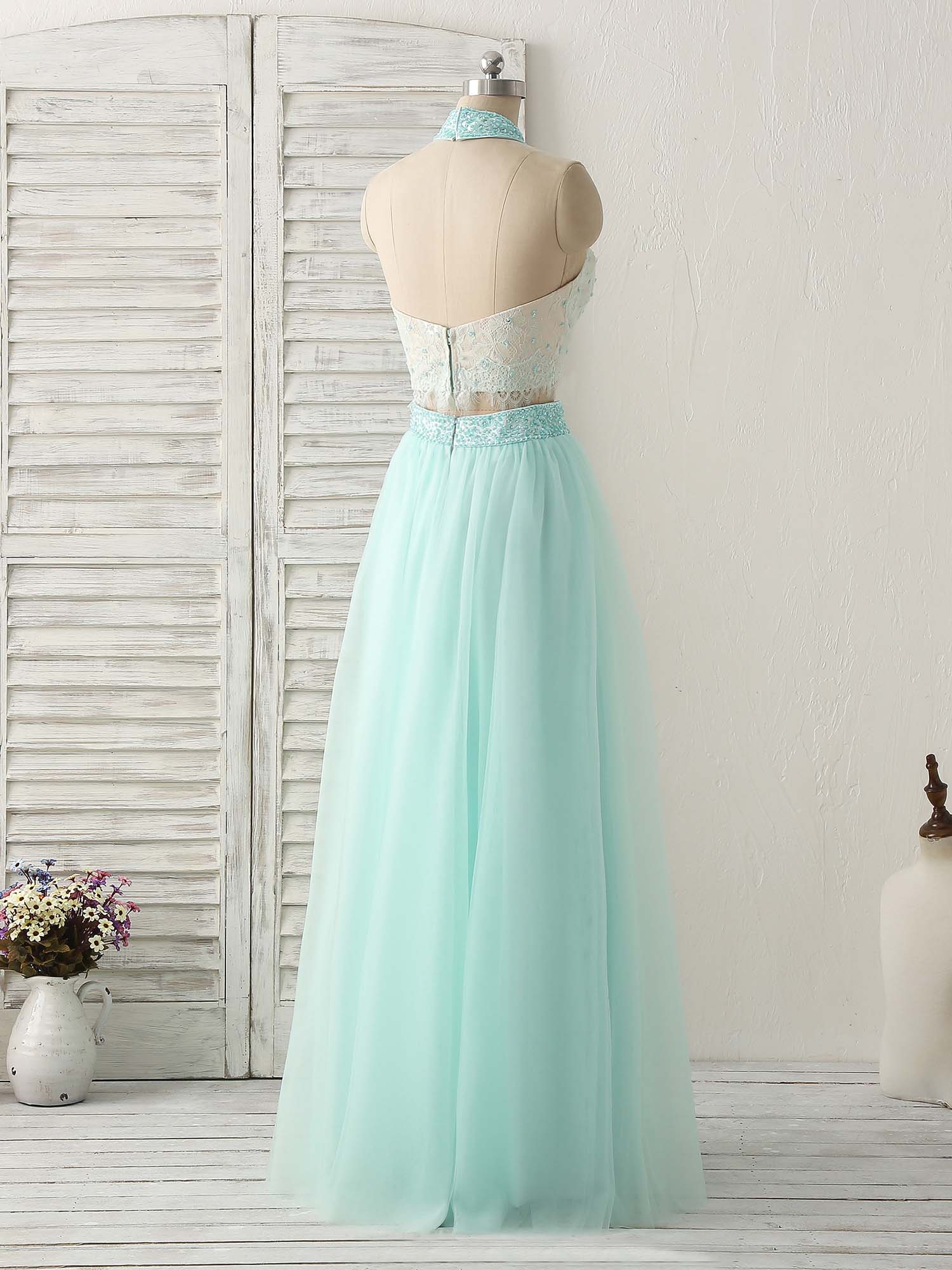 Prom Dress Outfit, Green Tulle Two Pieces Long Prom Dress Lace Beads Formal Dress