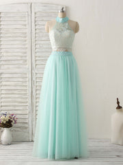 Prom Dresses Corset, Green Tulle Two Pieces Long Prom Dress Lace Beads Formal Dress