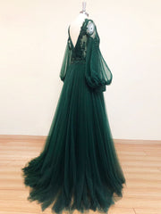 Evening Dress Dresses, Green V Neck Lace A line Long Prom Dress,Tulle Evening Dresses Long Sleeve