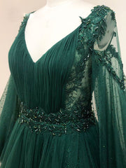 Evening Dresses Yde, Green V Neck Lace A line Long Prom Dress,Tulle Evening Dresses Long Sleeve