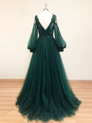 Evening Dress Yde, Green V Neck Lace A line Long Prom Dress,Tulle Evening Dresses Long Sleeve