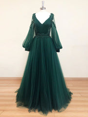 Evening Dresses Dresses, Green V Neck Lace A line Long Prom Dress,Tulle Evening Dresses Long Sleeve
