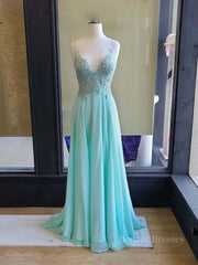 Bride Dress, Green v neck lace chiffon long prom dress, lace evening dress